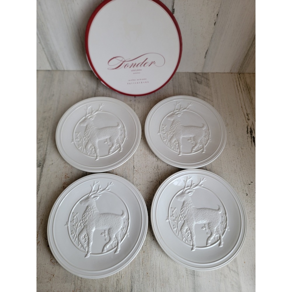 Pottery Barn donder salad plates Xmas reindeer collectible set white home decor